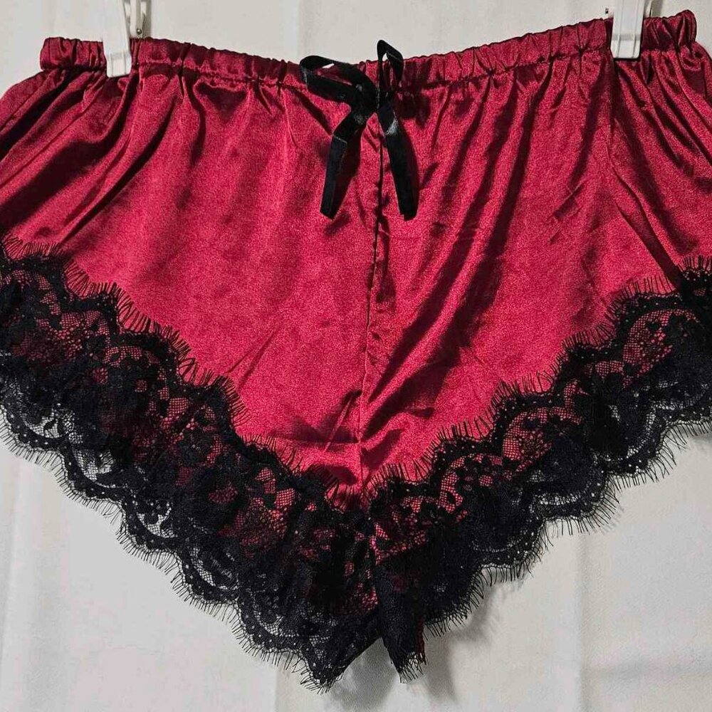 Red Satin Lace Trim Pajama Shorts